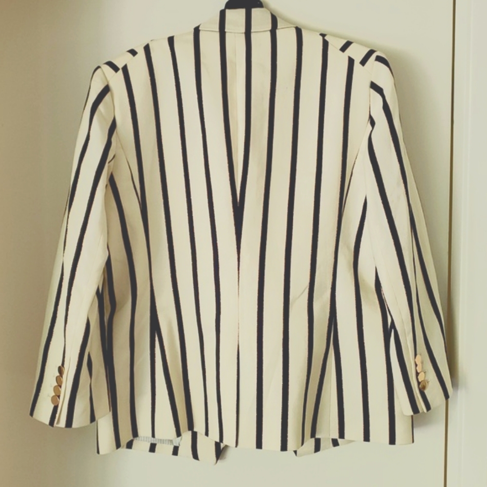 Veronica Beard Preppy Old School Black and Cream Striped Blazer 12 L - Picture 5 of 6